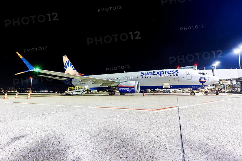 A Boeing 737-8 MAX aircraft of SunExpress with the registration TC-SME at the airport in Stuttgart, Germany, Europe