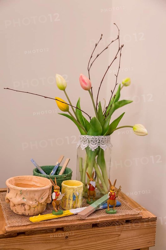 Easter still life with bouquet of tulips, colour pots and Easter bunny in the Wendt & Kühn world in Grünhainichen, Erzgebirge, Saxony, Germany, Europe
