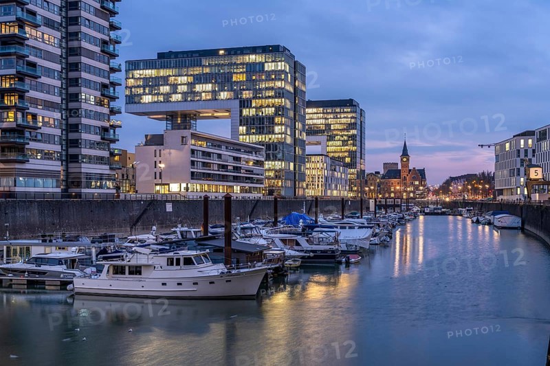 Rheinau harbour and crane houses at dusk, Cologne, North Rhine-Westphalia, Germany, Europe