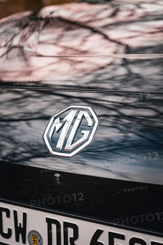 MG logo on the back of a black car with reflective roof, e-car sharing vehicle from Deer Mobility, Gechingen, Black Forest, Germany, Europe