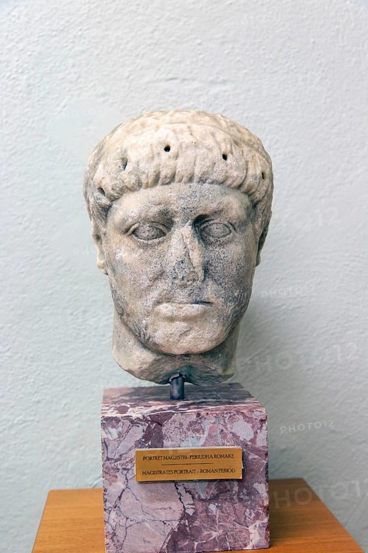 Carved marble Roman portrait head of a magistrate, archaeology museum, Apollonia Archaeological Park, Albania, Europe