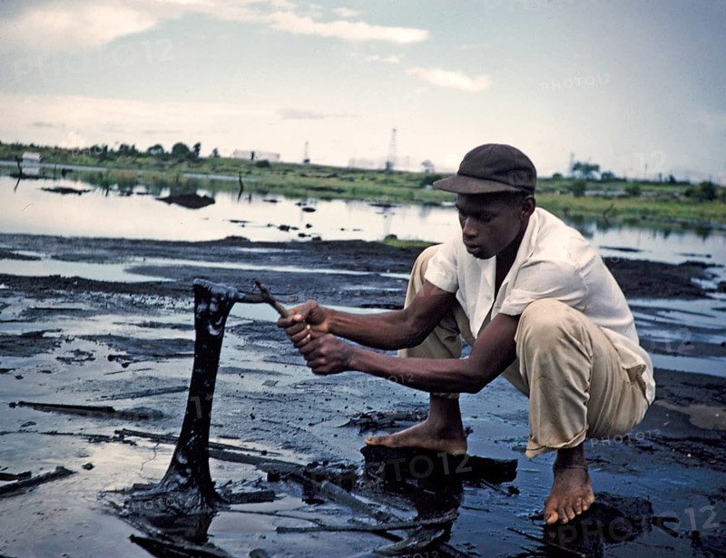 Man picking up sticky liquid tar pitch from the surface of Pitch Lake with a stick, Trinidad, ca. 1962