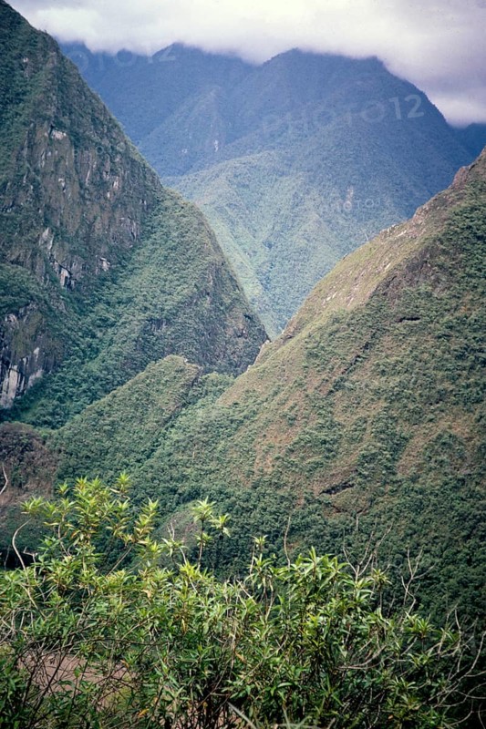 River gorge and mountain peak of Machu Picchu, Peru, South America c 1962 Urubamba River or Vilcamayo River, upstream called Vilcanota River, South America
