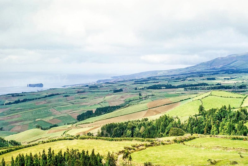 Coastal landscape with the island of Ilhéu de Vila Franca do Campo, São Miguel Island, Azores, Portugal, April 1964, Europe
