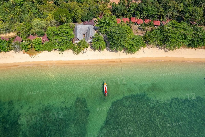 Haad Lang Khao beach and Le Dugong Libong Beach Resort on the island of Koh Libong seen from the air, Thailand, Asia