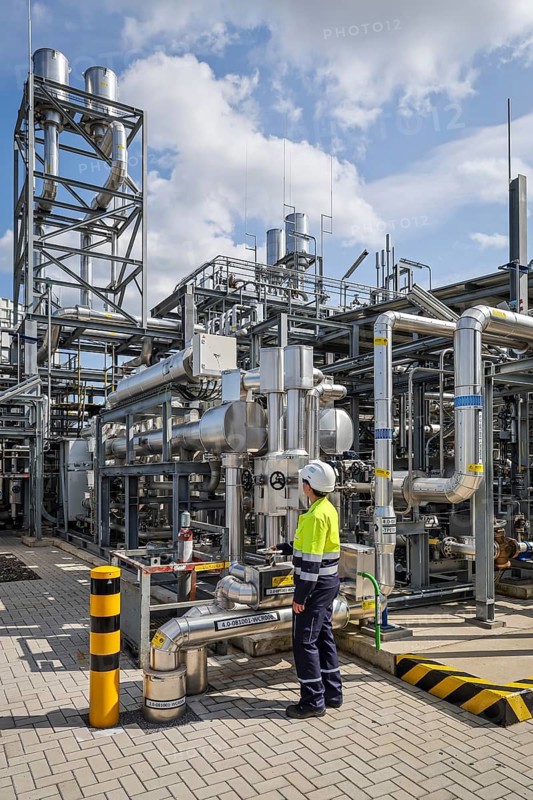 Oberhausen, North Rhine-Westphalia, Germany, Green hydrogen at Air Liquide Hydrogen production at the OQ Chemicals chemical park. TRAILBLAZER, a 20 MW electrolyser for the production of green, climate-neutral hydrogen. An engineer stands at the plant, regulating the line flow at a slide valve, Europe