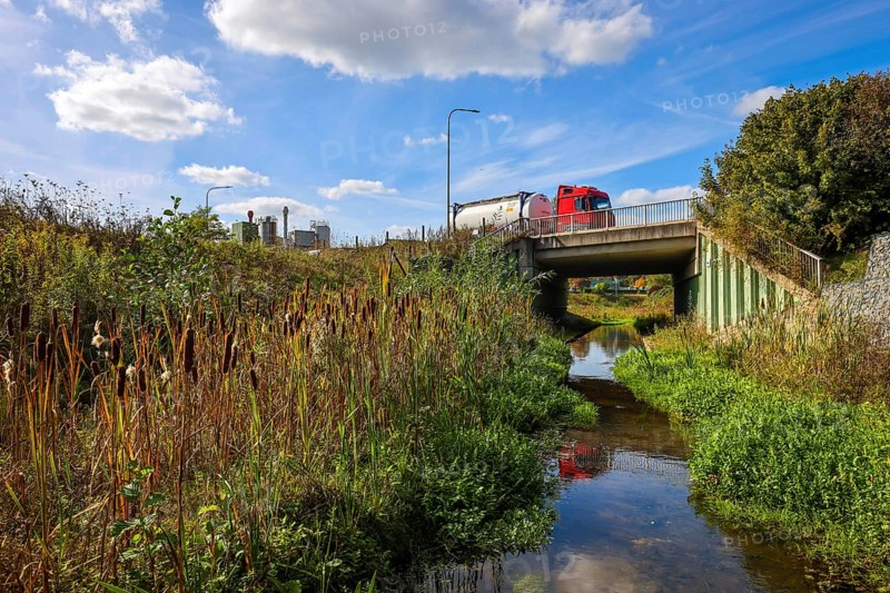 Bottrop-Gladbeck, North Rhine-Westphalia, Germany, Renaturalised Boye, the tributary of the Emscher, was transformed into a near-natural watercourse, flood protection through newly designed flooding areas, the Boye is now free of wastewater following the construction of a parallel sewer, is part of the Emscher river system and thus part of the Emscher conversion, was previously an open, above-ground wastewater sewer, mixed sewer with surface water and wastewater, Europe
