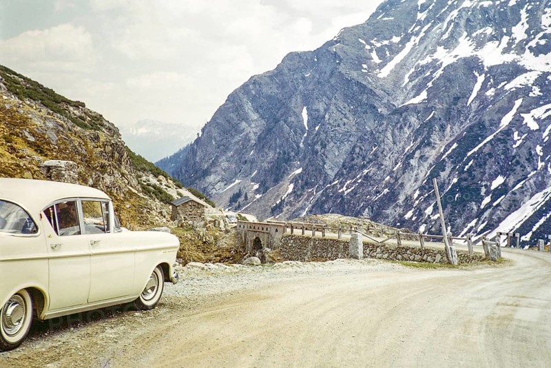 Opel Kapitan P1 car on Fluela Pass mountain road high Alpine pass, Switzerland, Europe 1959, Europe