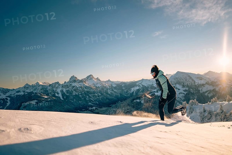 Summit bliss in the snow-covered winter landscape in the Tannheimer Tal in the Alps on the Neunerköpfle, Tyrol, Austria, Europe