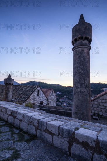 Lastovo village at dusk with high towers and stone walls, Lost Place, Lastovo, Neretva, Croatia, Europe