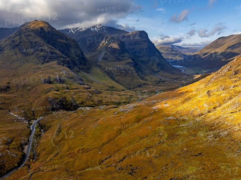 Cloudy mood, morning light, road, valley, mountains, aerial view, autumn, Glencoe, Three Sisters, Scottish Highlands, Scotland, Great Britain