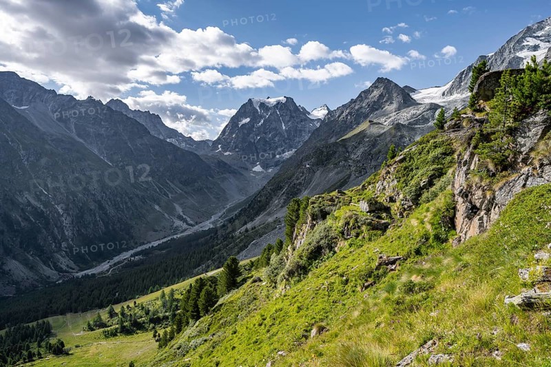 Picturesque mountain landscape near Arolla, behind mountain peak Mont Collon, Valais, Western Alps Switzerland