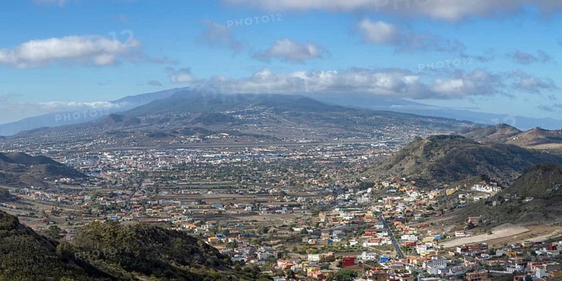 Panorama from Mirador de Jardina to San Cristobal de La Laguna, behind it the Pico del Teide, 3718m, Tenerife, Canary Islands, Spain, Europe