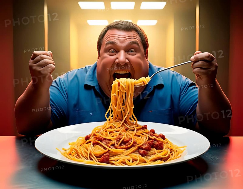 A very fat man sits in front of a plate of spaghetti and eats, symbol image calories, weight, obesity, diet, nutrition, obesity, sick, health, food, lifestyle, risk factor, unhealthy, overweight, pasta, carbohydrates, diabetes mellitus, Joule, AI generated, AI generated