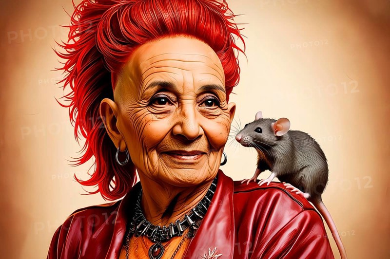 An elderly woman in leather clothes with a red haircut and a tame rat on her shoulder, symbolic image hairstyle, hair, punk, punk woman, rebellion, haircut, fashion, rocker, culture, punk hairstyle, symbol, subculture, lifestyle, age, senior woman, jewellery, AI generated, AI generated