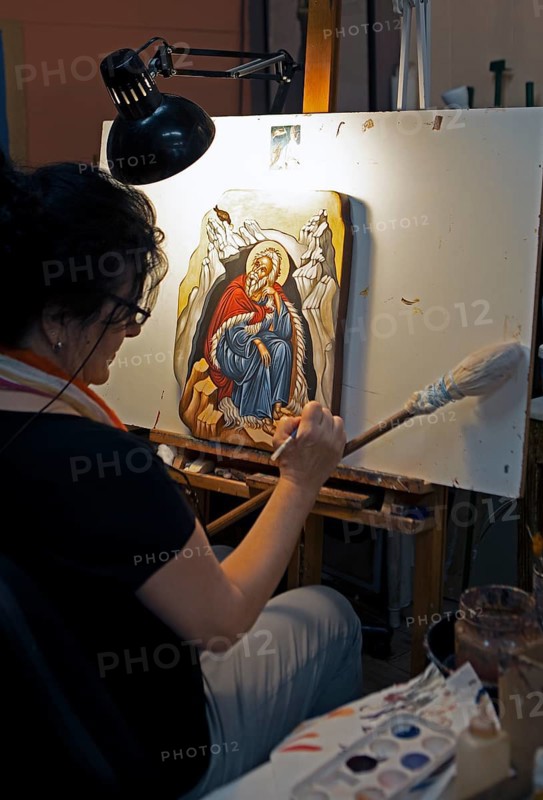 Greek icon paintress, 58 years old, in her studio, Mystras or Mistra, Laconia, Peloponnese, Greece, Europe