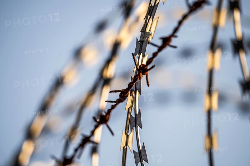 Symbolic image security, S-wire rolls, NATO wire, on a fence top, demarcation of a property, prevention of unauthorised access, strip steel wire with sharp blades, old barbed wire
