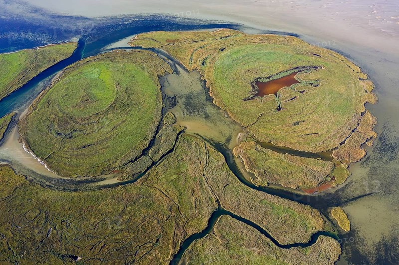 Aerial view over channels and salt marshes of the island group of Kleiner Werder, Kleine Werder in the Baltic Sea, Mecklenburg-Vorpommern, Germany, Europe