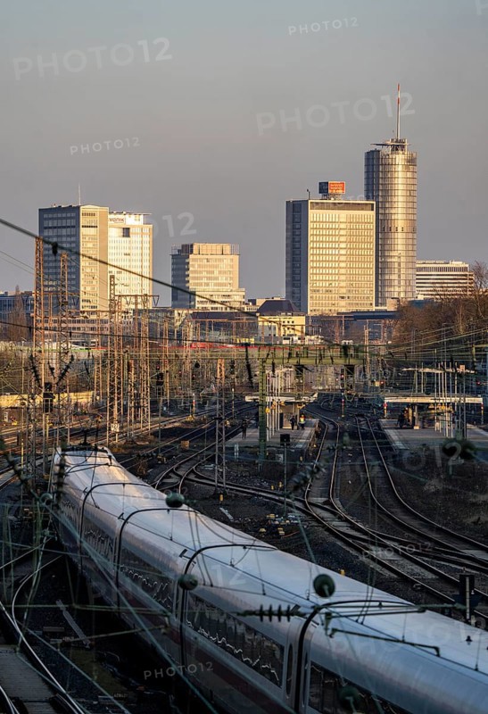 ICE train on the tracks west of Essen central station, skyline of the city centre, North Rhine-Westphalia, Germany, Europe