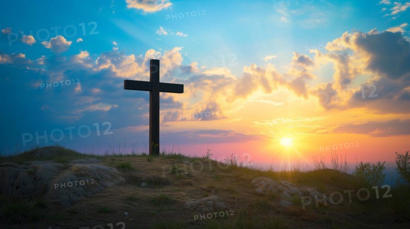 Easter concept cross on Golgotha Calvary hill against a dramatic sunset, AI generated
