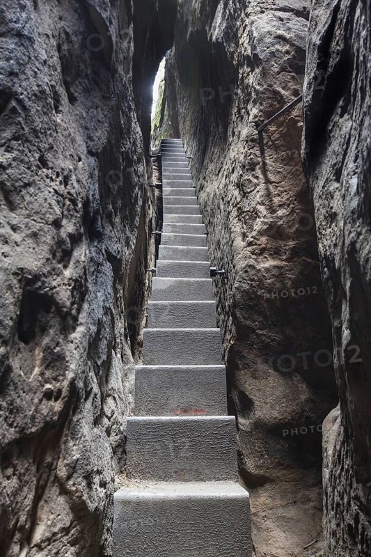 Kuhstall gorge and Himmelsleiter stairs to Neuer Wildenstein mountain, Elbe Sandstone Mountains, Saxonian Switzerland National Park, Saxony, Germany, Europe