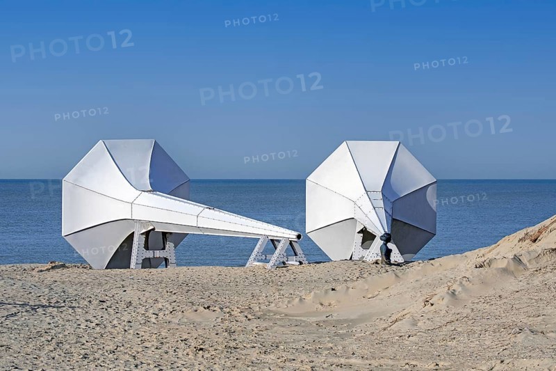 I Can Hear It, art installation on the beach by Ivars Drulle at seaside resort Westende, Middelkerke, West Flanders, Belgium, Europe
