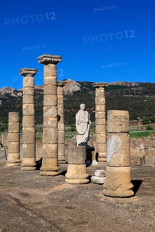 Statue of Emperor Trajan in the forum, Baelo Claudia Roman site, Cadiz Province, Spain, Europe