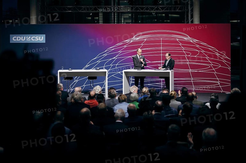 Friedrich Merz, Chairman of the CDU/CSU parliamentary group in the German Bundestag and Alexander Dobrindt, First Deputy Chairman of the CDU/CSU parliamentary group in the German Bundestag recorded at the event, Wir hören zu | Gipfel der CDU/CSU-Fraktion I Wirtschaftswende für Deutschland at the German Bundestag in Berlin, 1 February 2024