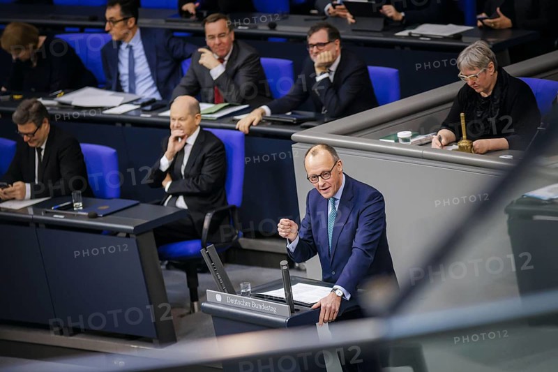 Friedrich Merz, CDU, Member of the Bundestag, pictured during the general debate in the Bundestag together with Robert Habeck (Alliance 90/The Greens), Federal Minister for Economic Affairs and Climate Protection and Vice-Chancellor, and Olaf Scholz (SPD), Federal Chancellor. Berlin, 31 January 2024