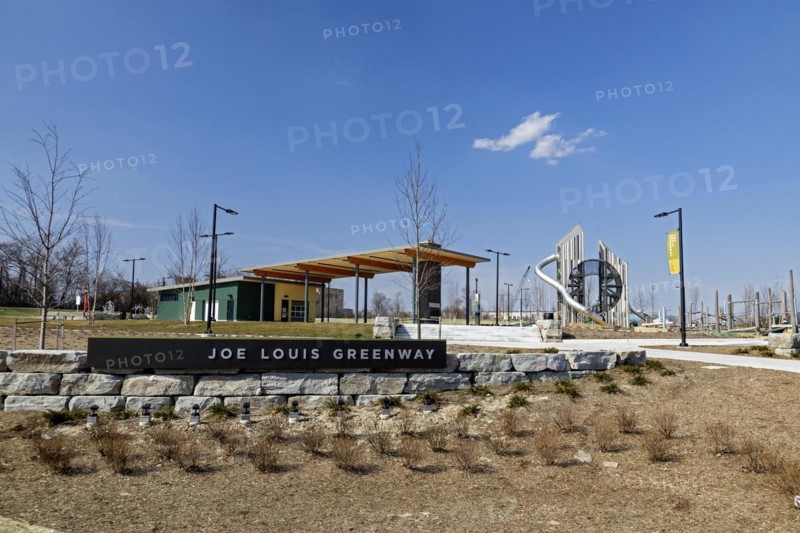 Detroit, Michigan, An entrance to the Joe Louis Greenway. When complete, the Greenway will be a 27.5-mile bicycle/walking trail that will circle much of the city and parts of Highland Park, Hamtramck, and Dearborn. This section was formerly a railway. A children's playground is at right