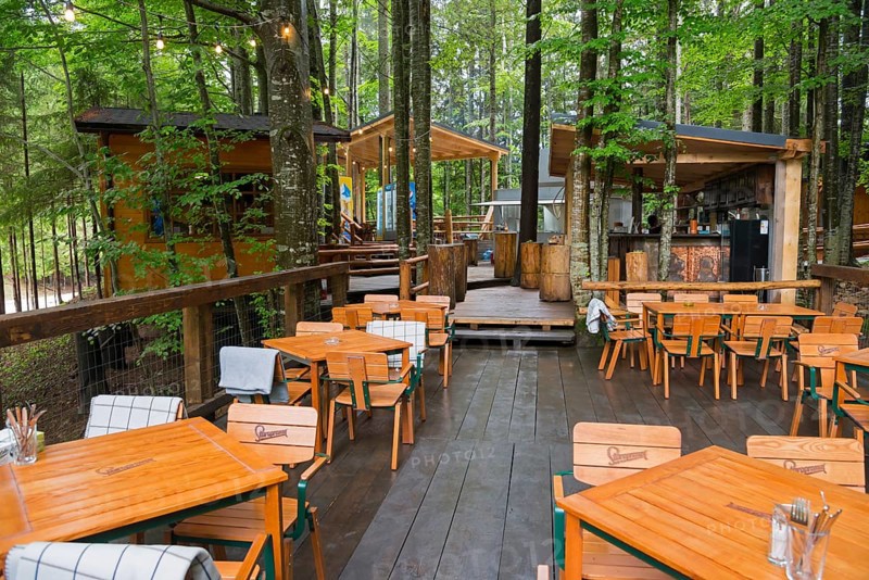 Rustic restaurant with wooden terraces and trees in the background, Transfagarasan tree house village, Transfogarasan High Road, Transfagarasan, Transfagara?an, Fagara? Mountains, Fagaras, Transylvania, Transylvania, Transylvania, Ardeal, Transylvania, Carpathians, Romania, Europe