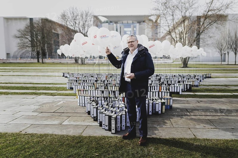 Jörg Dittrich, President of the German Confederation of Skilled Crafts, pictured as part of a protest action by the German Confederation of Skilled Crafts in front of the Federal Chancellery in Berlin, 26 February 2024. The German Confederation of Skilled Crafts demonstrates against the economic policy of the Federal Government as well as the high level of bureaucracy and the improvement of location conditions