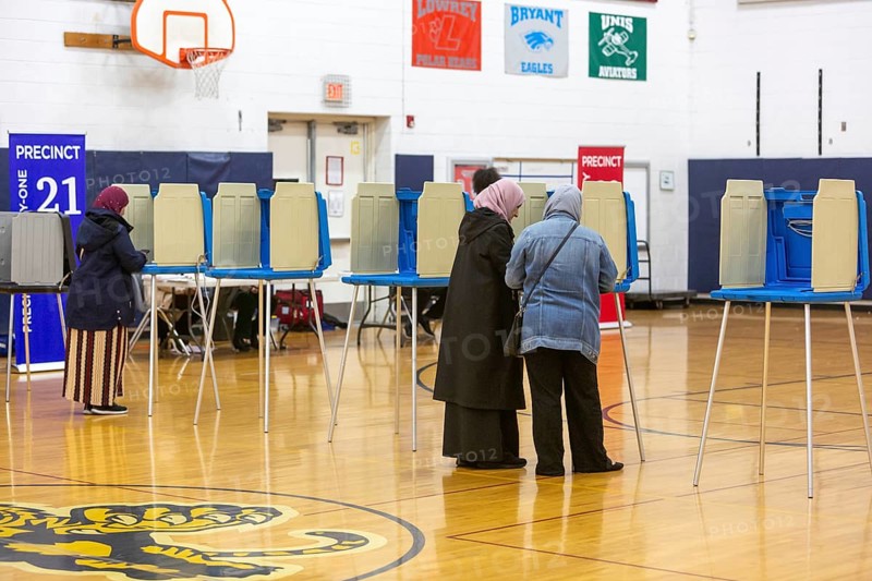 Deaarborn, Michigan USA, 27 February 2024, Voting at Salina School in Michigan's Presidential primary election. Especially in Hamtramck and Dearborn, where there are large numbers of Arab-Americans, many voters planned to vote uncommitted in the Democratic primary.. Many Arab-Americans are furious about Joe Biden's support for Israel in the Gaza war