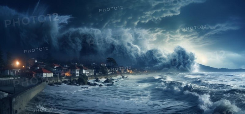 Tsunami destroys city shore, infrastructure and causing catastrophic damage and floods, AI generated