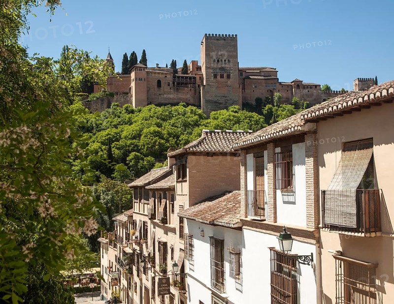 Cuesta de la Victoria in the Albaicin district, Granada, Spain view over to the Alhambra