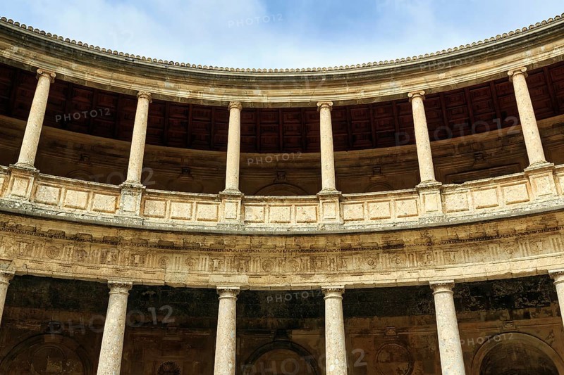 Palacio de Carlos V, Palace of Charles V, Renaissance palace in the Alhambra, gallery with columns made of conglomerate stone, Granada, Andalusia, Spain, Europe