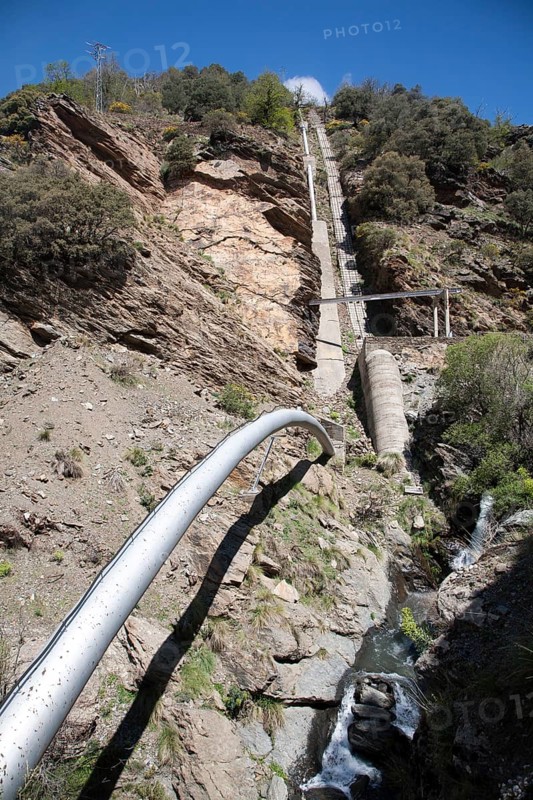 Pipeline for HEP electricity generation River Rio Poqueira gorge valley, High Alpujarras, Sierra Nevada, Granada Province, Spain, Europe