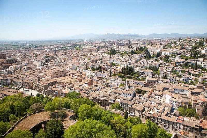 View of historic Moorish buildings in the Albaicin district of Granada, Spain seen from the Alhambra