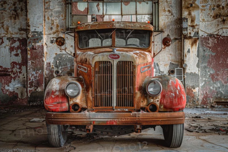 An old, weathered US-American truck, vintage truck, wreck, from the 50s stands in front of an old factory building, symbolic image for restoration, repair, restoration of historical cultural assets, AI generated, AI generated, AI generated