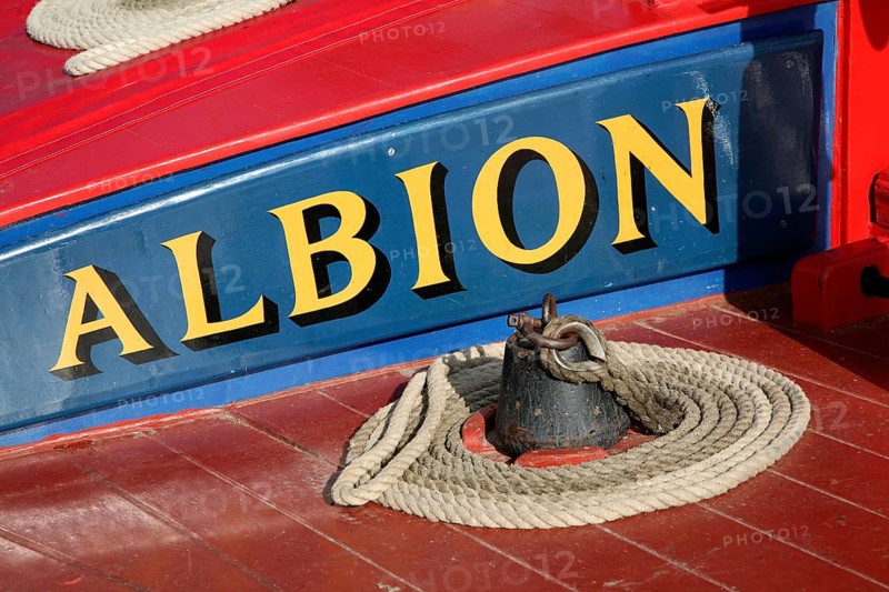 Historic wherry boat called 'Albion' on the River Yare, maintained by the Norfolk Wherry Trust, Cantley, Norfolk, England, United Kingdom, Europe