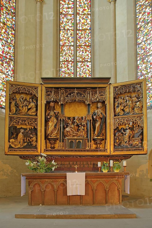 Gothic high altar by Linhart Könbergk 1492, interior view, arts and crafts, wood carving, winged altar, Predigerkirche, Erfurt, Thuringia, Germany, Europe