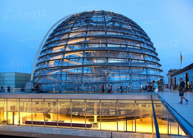 Visitors on the roof of the Reichstag, view of the Reichstag dome, Berlin, 21 May 2014