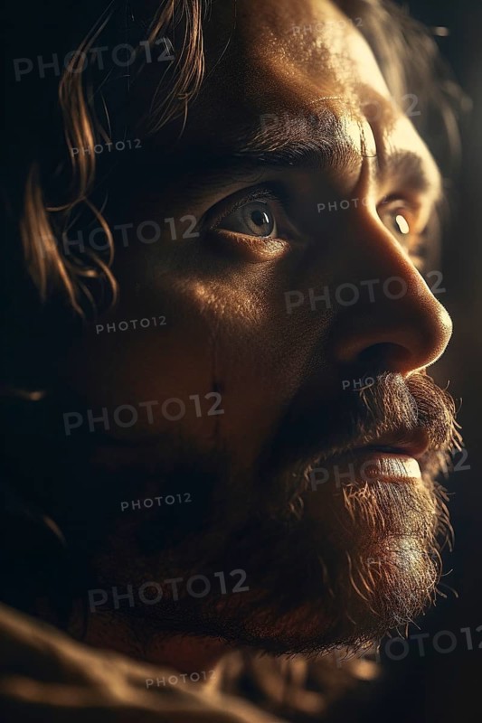 Profile portrait of jesus christ in dramatic lighting, generative AI, AI generated