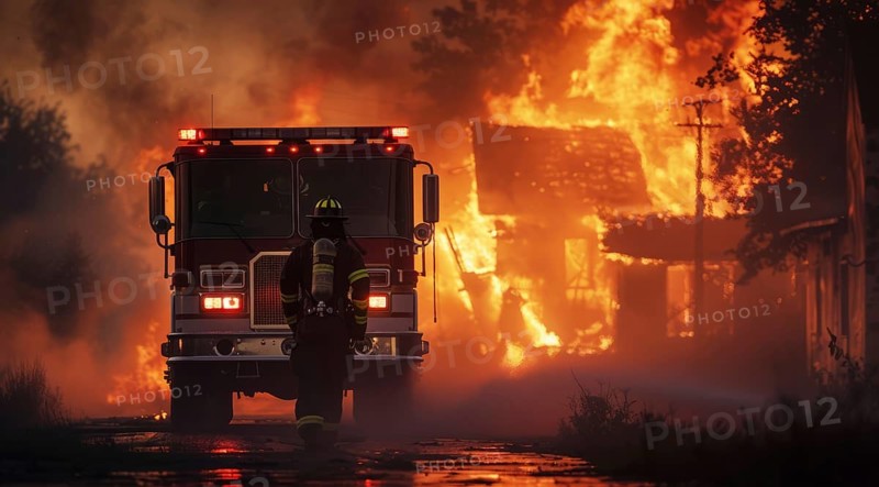 A fire truck on a street next to a burning house. Fireman and first responders extinguish the fire, AI generated