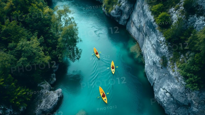 Aerial view of kayakers paddling along a beautiful mountain river. generative AI, AI generated