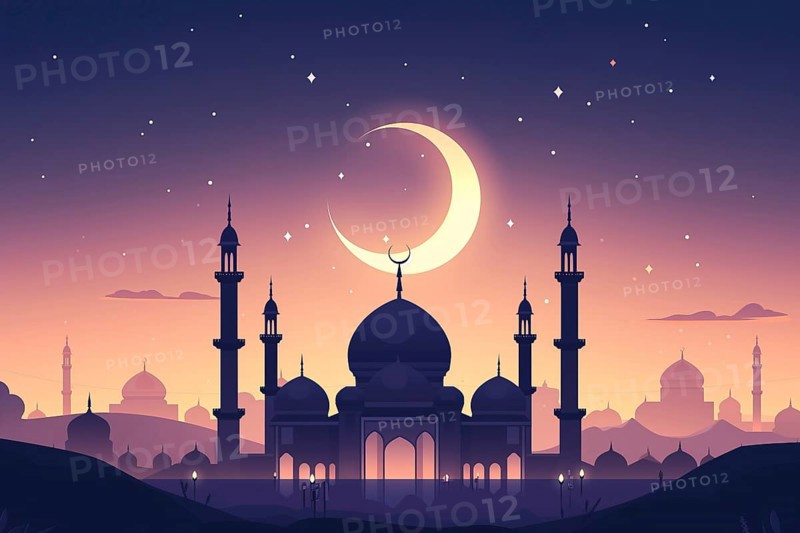 Ramadan with a mosque silhouetted against a starry night sky, illuminated by the crescent moon, AI generated