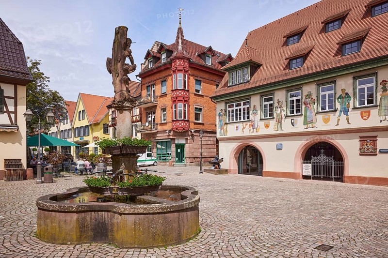 Town hall fountain in Haslach im Kinzigtal, Black Forest, Ortenaukreis, Baden-Württemberg, Germany, Europe
