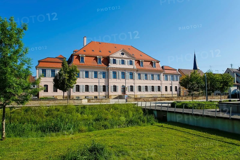 Stadionsche Schloss Bönnigheim, building, architecture, historical building, late baroque style, master builder Anton Haaf, built in 1756 on behalf of Imperial Count Anton Heinrich Friedrich von Stadion, Minister and Chancellor of the Archbishop and Elector of Mainz, small country palace, summer residence, windows, white shutters, roof, south side, Bönnigheim, Ludwigsburg district, Baden-Württemberg, Germany, Europe