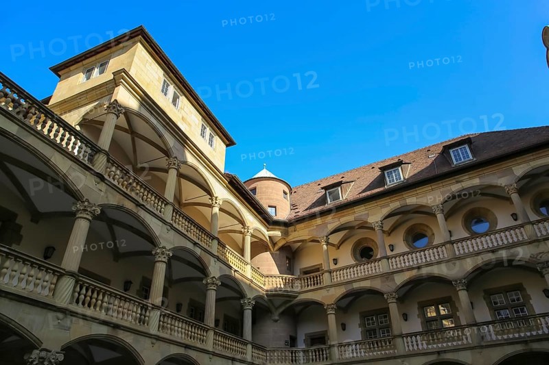 Old Palace Stuttgart, former moated palace, princely residence, 14th century seat of the Counts of Württemberg, court chamber, today Renaissance palace, architect Aberlin Tretsch, Württemberg State Museum, arcades, historic building, architecture, columns, state capital, Stuttgart, Baden-Württemberg, Germany, Europe