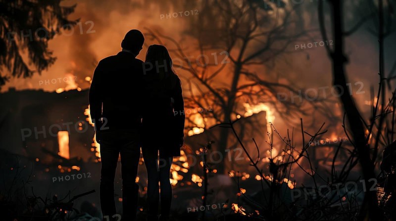 Couple embracing standing stunned gazing at the fire ruins of their home. generative AI, AI generated